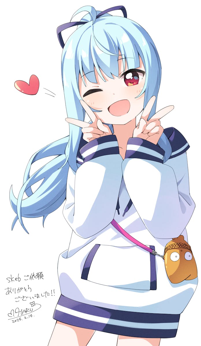 1girl ;d bag blue_hair blue_ribbon blush commentary_request commission cowboy_shot dated double_v hair_ribbon hands_up haru_(konomi_150) heart hood hood_down hoodie hoshimeguri_gakuen kamino_hikari long_hair long_sleeves looking_at_viewer one_eye_closed open_mouth pocket red_eyes ribbon signature simple_background skeb_commission smile solo v virtual_youtuber white_background white_hoodie