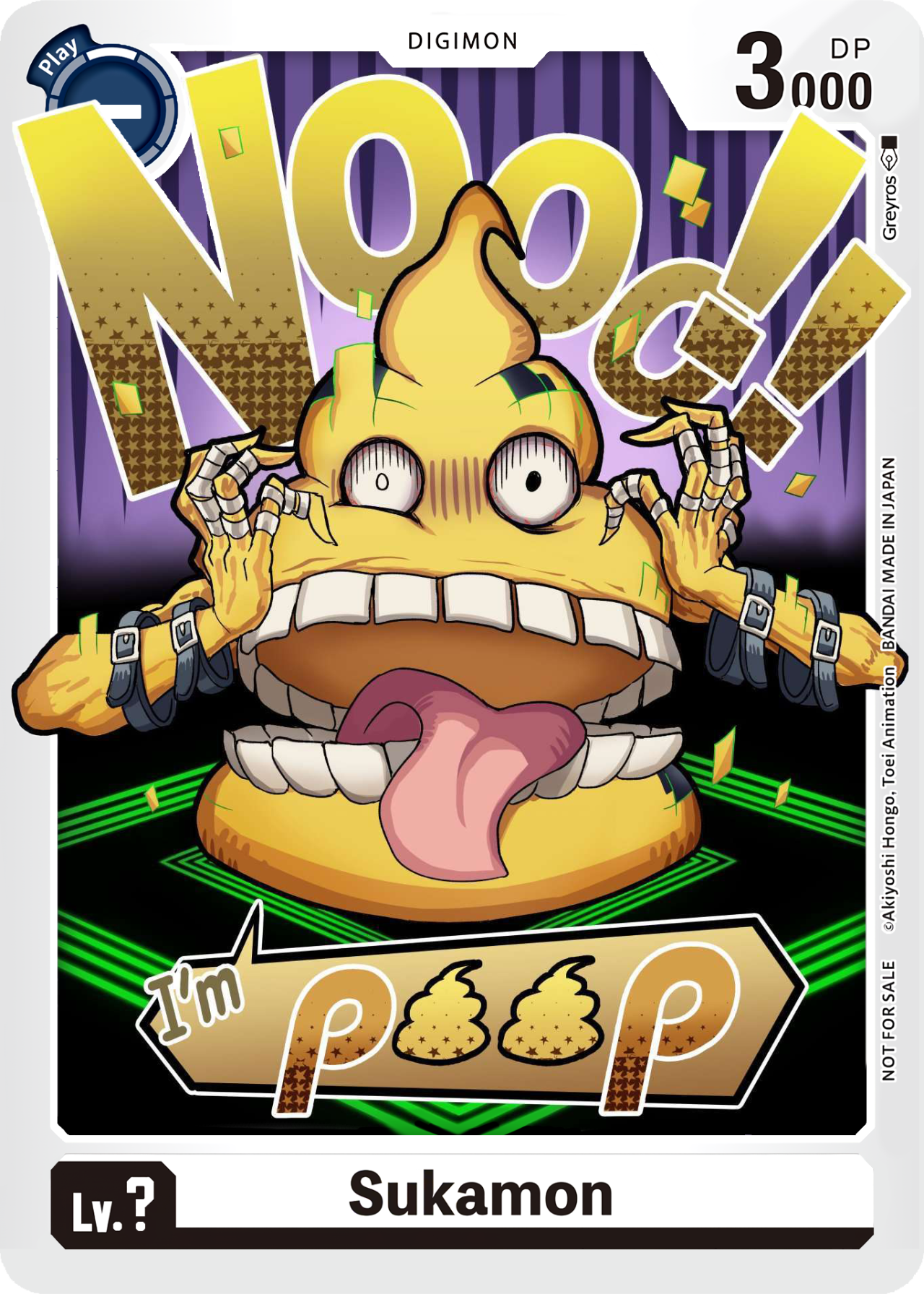 belt digimon digimon_card_game english_text highres scumon surprised teeth tongue tongue_out
