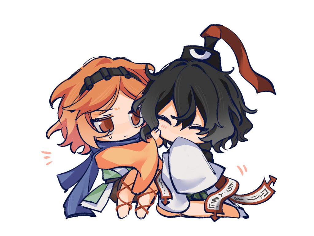 2others androgynous barefoot black_hair black_hairband black_headwear blue_scarf brown_shorts chibi closed_eyes green_skirt hair_between_eyes hairband hakama hakama_short_skirt hakama_skirt hat japanese_clothes len&#039;en long_sleeves multiple_others no_nose orange_eyes orange_hair orange_sleeves other_focus scarf senri_tsurubami short_hair shorts simple_background skirt sweat tate_eboshi white_background white_sleeves wide_sleeves xiao_ganju_nailuo zuifeng_tenkai