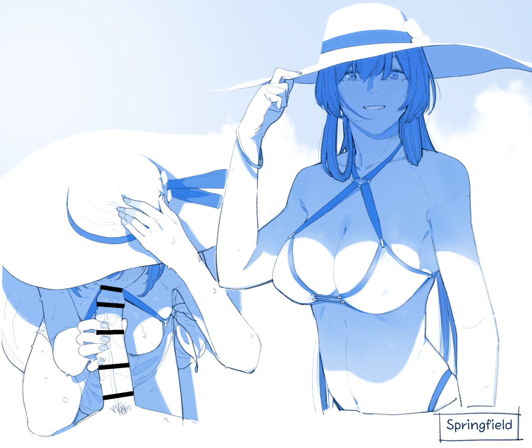 1boy 1girl bar_censor bikini blue_theme blush breasts censored character_name cleavage commentary_request cropped_torso fellatio girls&#039;_frontline hat hetero huqu korean_commentary large_breasts monochrome multiple_views navel official_alternate_costume oral paid_reward_available parted_lips penis pubic_hair smile springfield_(girls&#039;_frontline) springfield_(stirring_mermaid)_(girls&#039;_frontline) sun_hat sweat swimsuit