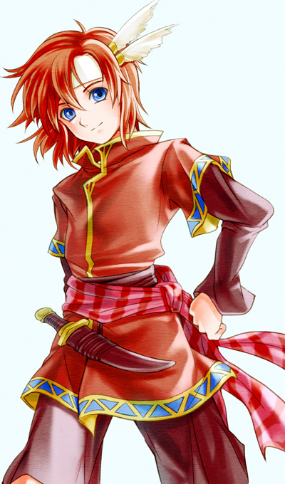 1boy bad_id bad_pixiv_id blue_background blue_eyes dagger feathers fire_emblem fire_emblem:_mystery_of_the_emblem headband knife male_focus nemupon_(goodlucky) nintendo red_hair simple_background solo weapon xane_(fire_emblem)