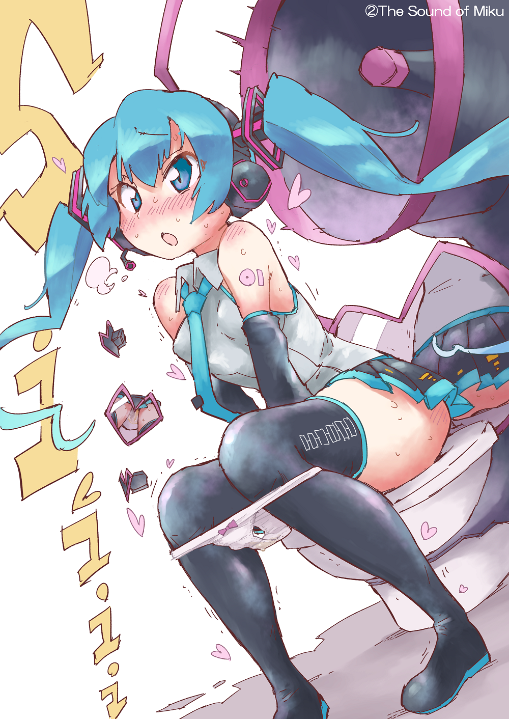 1girl arm_tattoo ass bare_shoulders black_footwear black_skirt black_sleeves black_thighhighs blue_eyes blue_hair blue_neckwear blush boots bow bow_panties breasts camera character_name collared_shirt detached_sleeves drone dutch_angle earpiece embarrassed english_text female_focus grey_shirt hatsune_miku headgear headphones heart highres japanese_text koorimizu leaning_forward long_hair matching_hair/eyes miniskirt mirror multiple_views necktie nose_blush number_tattoo open_mouth panties panty_pull pee peeing pleated_skirt reflection shirt sidelocks simple_background sitting skirt sleeveless sleeveless_shirt small_breasts speaker sweat tattoo thigh_boots thighhighs toilet_use translation_request trembling twintails underwear vocaloid wet wet_clothes wet_panties white_background white_panties zettai_ryouiki