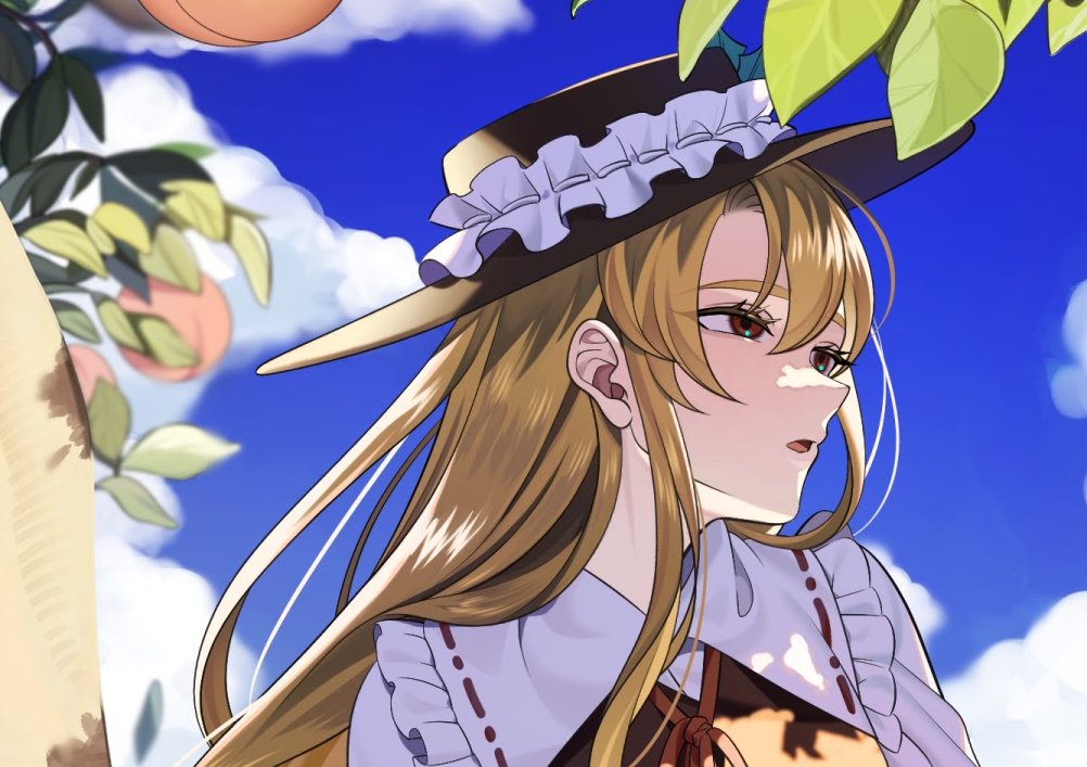 1girl blonde_hair blue_sky brown_eyes brown_hat brown_vest cloud cloudy_sky collared_shirt commentary_request dolls_in_pseudo_paradise food frilled_hat frilled_shirt_collar frills fruit guumin hat hat_feather jacket_girl_(dipp) leaf long_hair long_sleeves neck_ribbon parted_lips peach peach_tree picture_hat red_ribbon ribbon shirt sky solo touhou upper_body vest white_shirt