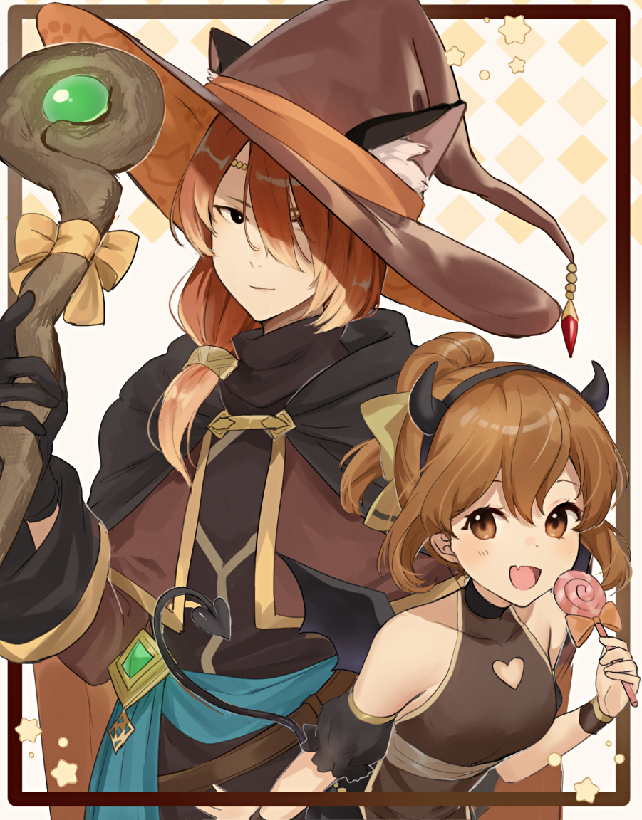 1boy 1girl animal_ears black_eyes brother_and_sister brown_eyes brown_hair candy cape cat_ears delthea_(fire_emblem) demon_tail demon_wings fake_horns fang fire_emblem fire_emblem_echoes:_shadows_of_valentia food halloween_costume haru_(nakajou-28) hat horns lollipop looking_at_viewer luthier_(fire_emblem) nintendo orange_hair robe siblings staff tail wings witch_hat