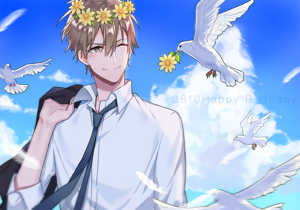 1boy ;) animal bird black_jacket blonde_hair blue_necktie blue_sky blush chinese_commentary closed_mouth cloud cloudy_sky collared_shirt dated day dove feathers flower hair_between_eyes happy_birthday head_wreath holding holding_unworn_clothes huang_shaotian jacket long_sleeves male_focus necktie one_eye_closed outdoors quan_zhi_gao_shou shirt short_hair sky smile solo spade6 sunflower unworn_jacket upper_body white_feathers white_shirt yellow_eyes yellow_flower