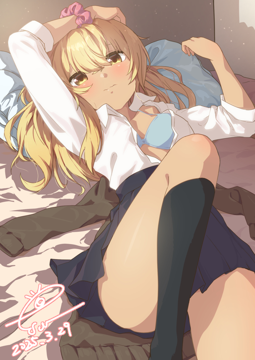 1girl black_skirt black_socks blonde_hair blue_bra blush bra cardigan closed_mouth collared_shirt cushion dated esw_artca hair_between_eyes hand_on_own_head higa_kana highres light_particles long_hair looking_at_viewer lying okinawa_de_suki_ni_natta_ko_ga_hougen_sugite_tsurasugiru on_back open_clothes open_shirt pink_scrunchie pleated_skirt school_uniform scrunchie shirt signature skirt sleeves_rolled_up socks solo thighs underwear unworn_cardigan wavy_mouth white_shirt wrist_scrunchie yellow_eyes
