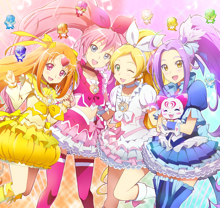 10s 4girls asymmetrical_hair beamed_quavers blonde_hair blue_eyes blue_skirt blue_thighhighs boots bow braid brown_hair bubble_skirt cat choker circlet cure_beat cure_melody cure_muse cure_muse_(yellow) cure_rhythm dodory dory earrings eyelashes fary frills green_eyes hair_bow hair_ornament hair_ribbon hairband heart holding_hands houjou_hibiki hummy_(suite_precure) jewelry kakiuchi_itsuki knee_boots kurokawa_eren lary long_hair long_sleeves looking_at_viewer magical_girl midriff minamino_kanade miry multiple_girls musical_note one_eye_closed open_mouth orange_hair pink_bow pink_eyes pink_hair pink_legwear ponytail precure puffy_sleeves purple_hair quaver rainbow_background rery ribbon seiren_(suite_precure) shirabe_ako short_sleeves side_ponytail skirt sleeveless smile sory suite_precure thigh_boots thighhighs tiry twintails white_choker wink yellow_bow yellow_eyes yellow_skirt zettai_ryouiki