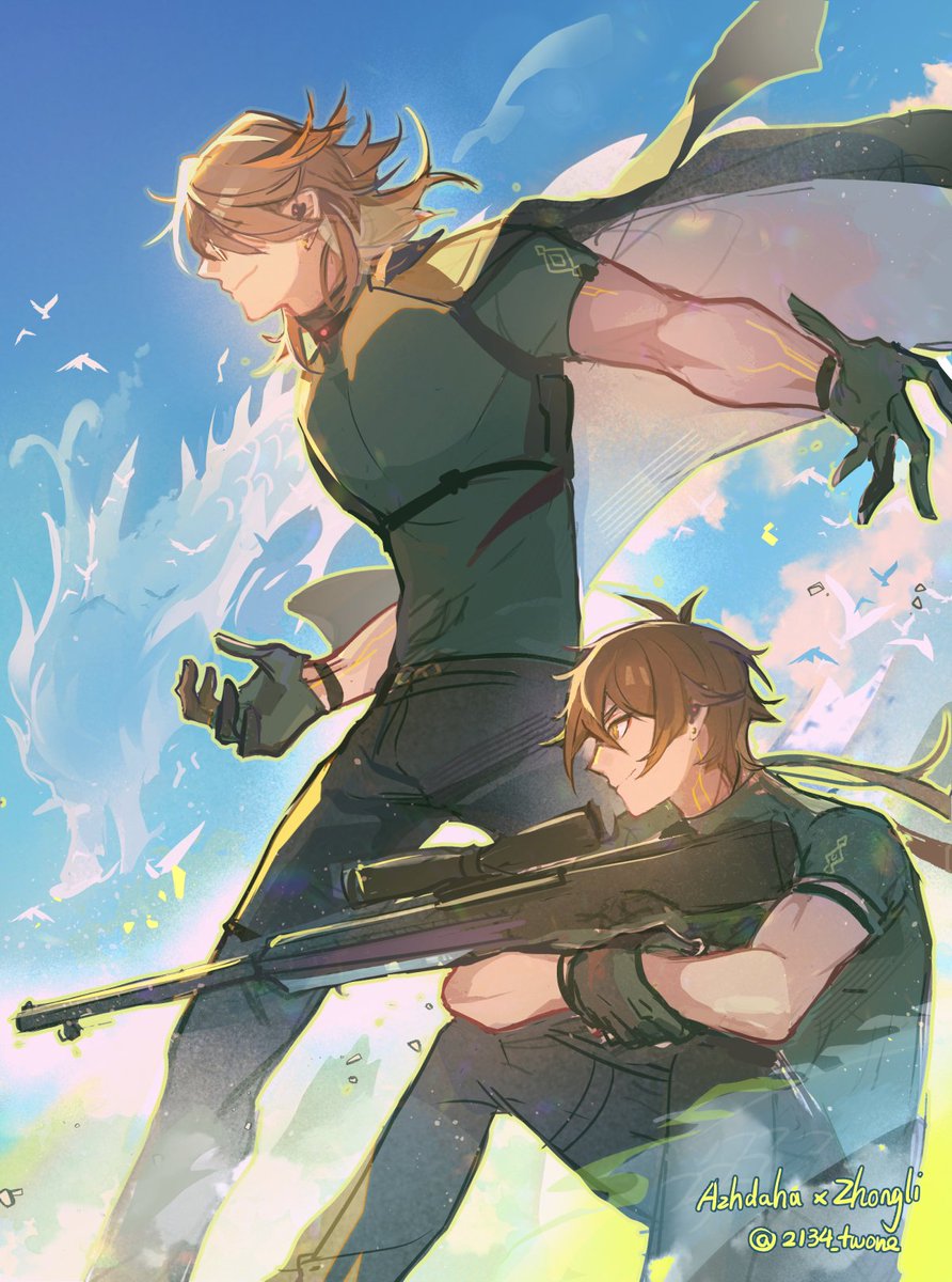 2134twone 2boys azhdaha_(genshin_impact) bird black_gloves blue_sky brown_hair character_name closed_mouth dragon feet_out_of_frame genshin_impact gloves gun highres holding holding_gun holding_weapon knees_up long_hair multiple_boys ponytail rifle short_sleeves sky smile sniper_rifle twitter_username weapon zhongli_(genshin_impact)