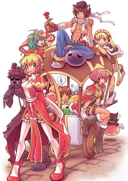 2000s_(style) 3boys 4girls abs ahoge angel_wings angeling animal animal_around_neck animal_ears bad_id belt_pouch blonde_hair blue_eyes blue_pants boots breasts brown_background brown_cape brown_dress brown_eyes brown_footwear brown_gloves brown_hair cape cat_boy cat_ears cleavage closed_mouth collar commentary_request copyright_notice creator_(ragnarok_online) crop_top crossed_bandaids dated_commentary detached_sleeves deviruchi dress drops_(ragnarok_online) fingerless_gloves flower fox full_body fur-trimmed_cape fur-trimmed_footwear fur-trimmed_pants fur-trimmed_shirt fur_trim gloves green_hair hairband heart heart-shaped_hair heart_tattoo high_priest_(ragnarok_online) high_wizard_(ragnarok_online) holding holding_pitchfork juliet_sleeves korean_commentary long_hair long_sleeves looking_at_viewer maid marin_(ragnarok_online) medium_breasts monster_gogo multiple_boys multiple_girls official_art open_clothes open_mouth open_shirt pants pitchfork poporing poring pouch professor_(ragnarok_online) puffy_sleeves pullcart ragnarok_online red_cape red_dress red_eyes red_flower red_footwear red_rose red_sleeves rose sash shirt shoes short_dress short_hair sitting sleeveless sleeveless_shirt slime_(creature) smile sniper_(ragnarok_online) spiked_collar spikes striped_sleeves suspenders tattoo thighhighs toned toned_male twintails two-tone_dress white_background white_dress white_footwear white_gloves white_hairband white_sash white_shirt white_thighhighs whitesmith_(ragnarok_online) wings zombie zombie_(ragnarok_online)