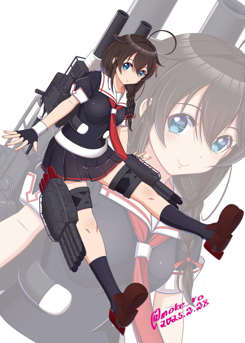 1girl adapted_turret ahoge black_gloves black_hair black_serafuku black_skirt black_socks blue_eyes braid breasts brown_shoes commentary_request fingerless_gloves gloves hair_flaps hair_ornament hair_over_shoulder kantai_collection loafers medium_breasts miniskirt moke_ro neckerchief partial_commentary pleated_skirt red_neckerchief rigging school_uniform serafuku shigure_(kancolle) shigure_kai_ni_(kancolle) shoes short_sleeves single_braid skirt smile socks thigh_strap torpedo_launcher zoom_layer