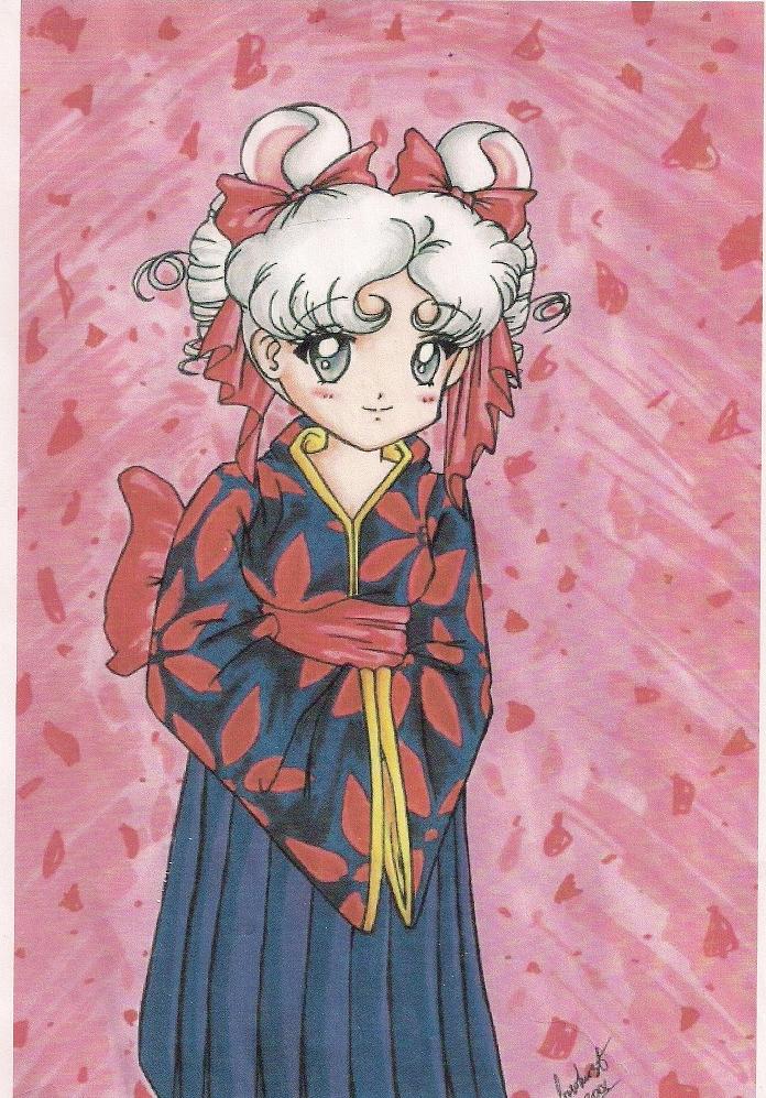 1990s_(style) animal_ears bishoujo_senshi_sailor_moon bishoujo_senshi_sailor_moon_sailor_stars blush grey_eyes hair_ribbon hands_in_opposite_sleeves japanese_clothes kimono looking_at_viewer mouse_ears retro_artstyle ribbon sailor_iron_mouse smile twintails white_hair
