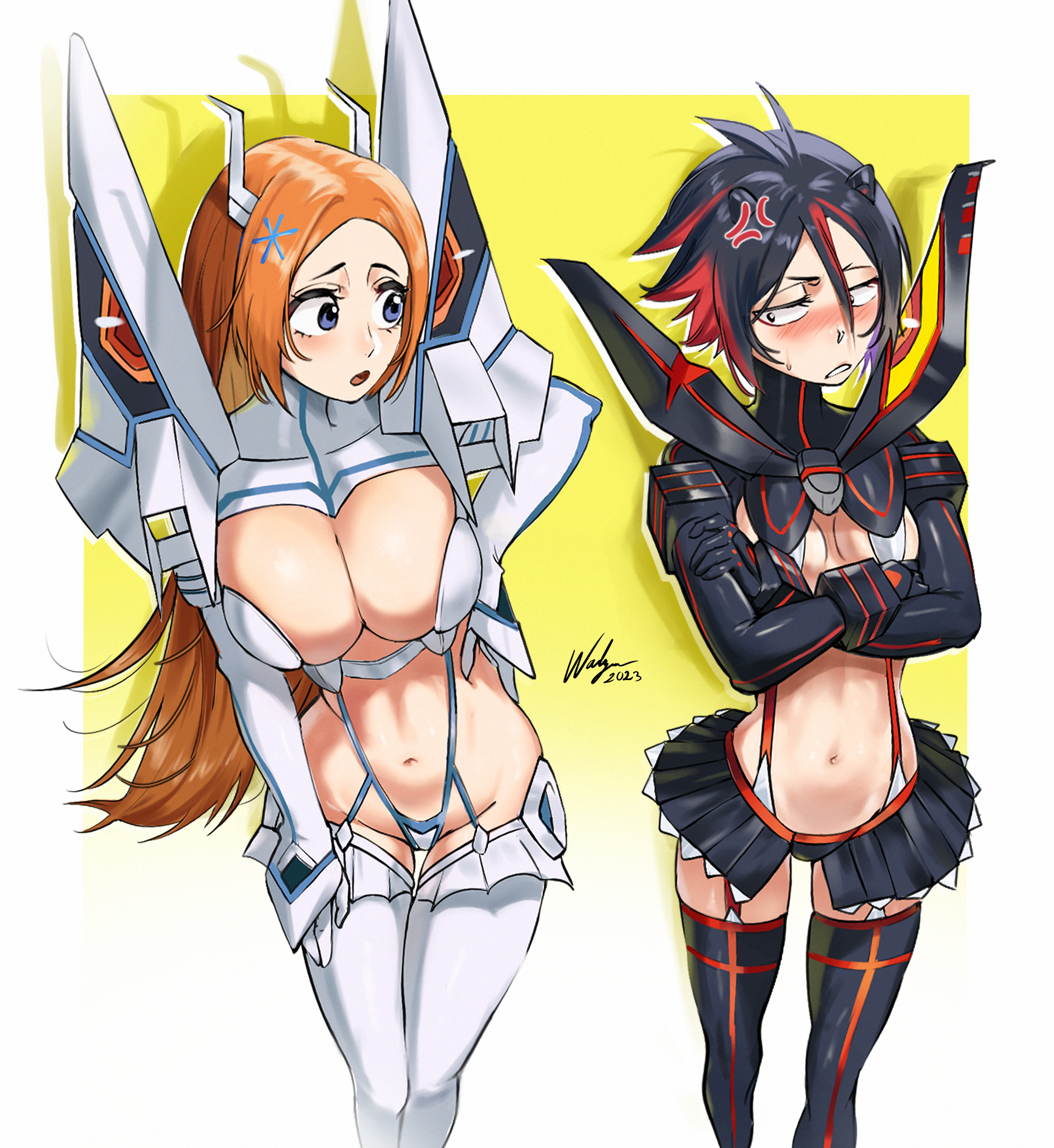 2girls alternate_costume anger_vein black_eyes black_hair black_skirt black_thighhighs black_vs_white bleach breast_envy breasts cleavage cosplay female_focus gradient_hair grey_eyes hairpods highres inoue_orihime kill_la_kill kiryuuin_satsuki kiryuuin_satsuki_(cosplay) kuchiki_rukia large_breasts life_fiber living_clothes matoi_ryuuko matoi_ryuuko_(cosplay) microskirt multicolored_hair multiple_girls navel orange_hair red_hair revealing_clothes skirt small_breasts suspenders thighhighs waligner white_thighhighs