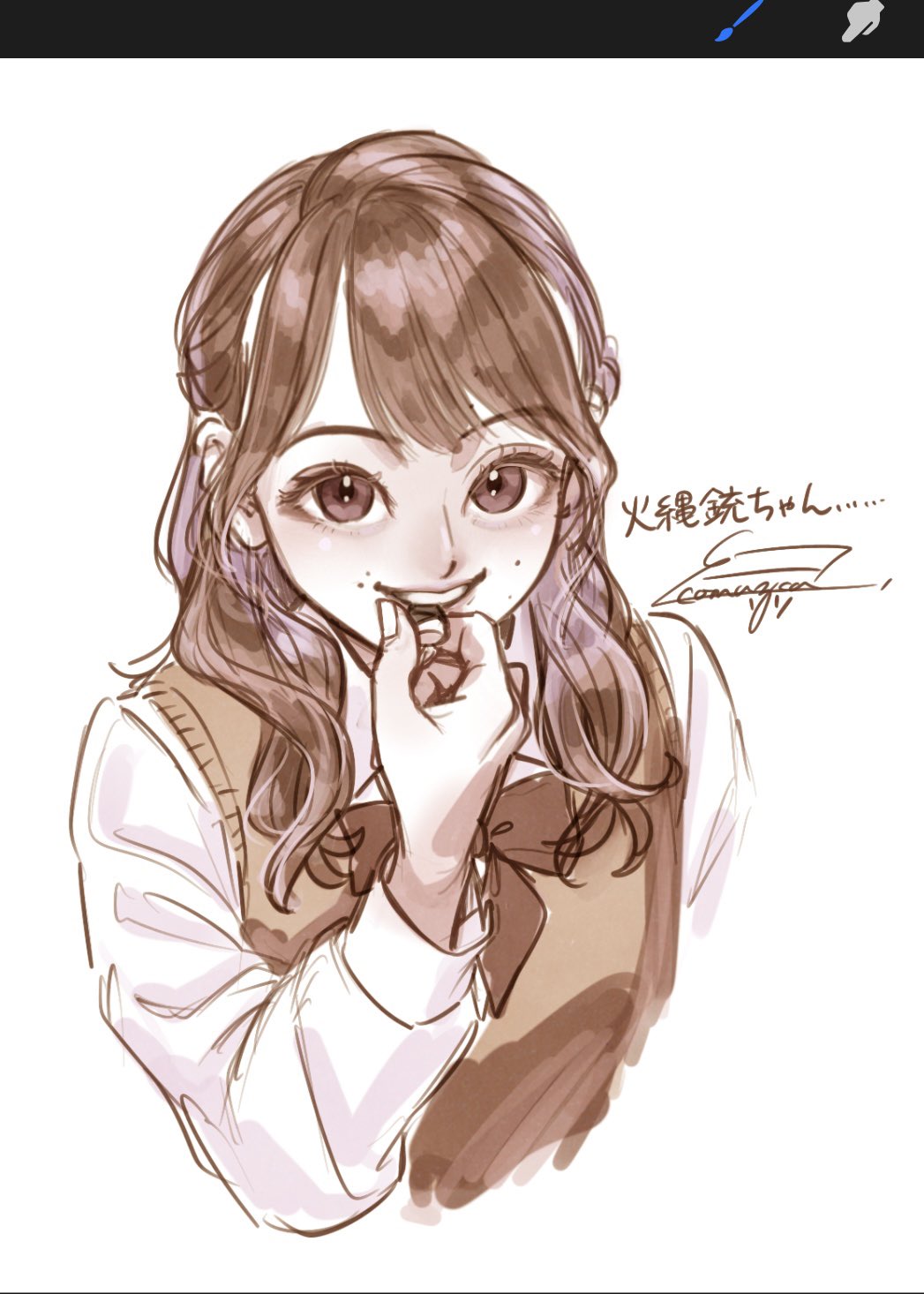 1girl actor arm_at_side art_program_in_frame artist_name bow bowtie brown_bow brown_bowtie brown_eyes brown_hair brown_sweater_vest collared_shirt cropped_arms cropped_torso eating fingernails food grin hair_behind_ear hand_up highres holding holding_food komuzuka long_hair long_sleeves looking_at_viewer mole mole_above_mouth nakamura_yukari_(voice_actor) parted_lips real_life school_uniform shirt signature simple_background smile solo sweater_vest translation_request upper_body wavy_hair white_background white_shirt