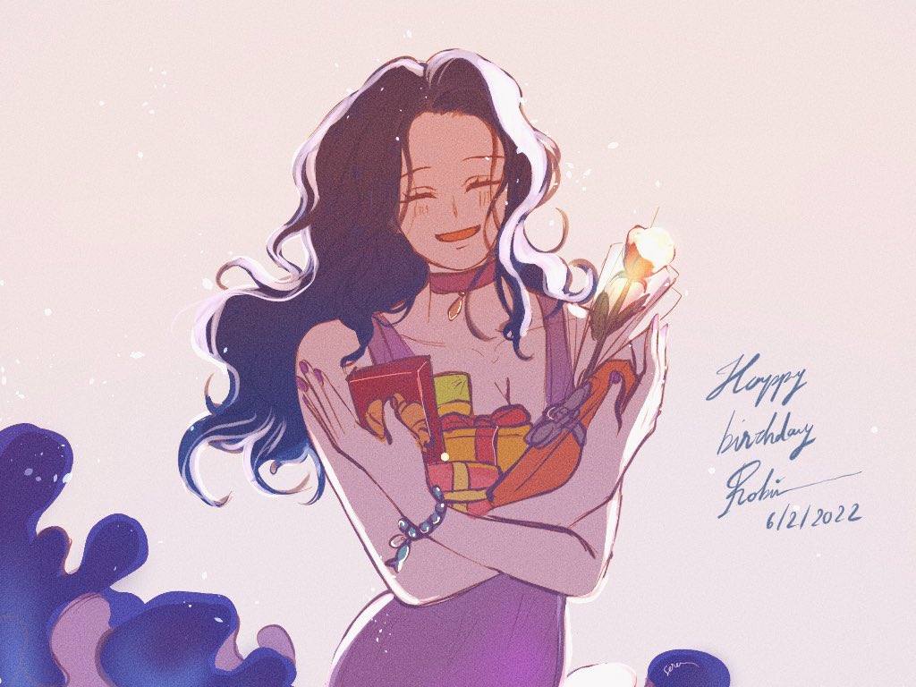1girl ^_^ blush bouquet bracelet character_name choker closed_eyes dress flower happy_birthday hashtag-only_commentary holding holding_bouquet jewelry long_hair nico_robin one_piece purple_dress serein signature smile solo upper_body wavy_hair