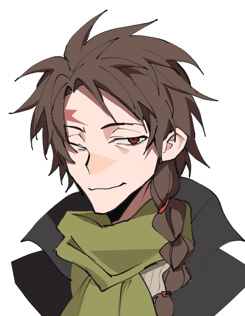 1boy ;) beiquqian black_jacket braid brown_hair chinese_commentary closed_mouth commentary_request cropped_shoulders green_scarf grey_sweater harada_minoru highres jacket long_hair male_focus one_eye_closed red_eyes ribbed_sweater saibou_shinkyoku scar scar_on_face scar_on_forehead scarf side_braid simple_background single_braid smile solo sweater transparent_background variant_set