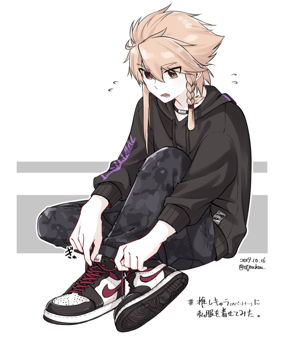 1girl black_hoodie braid brown_eyes brown_hair casual commentary_request dated flying_sweatdrops grey_pants hood hood_down hoodie jouhou long_sleeves nike_(company) open_mouth pants shidou_maki_(toji_no_miko) shoes short_hair side_braid sitting solo toji_no_miko translation_request twitter_username tying_footwear white_shoes