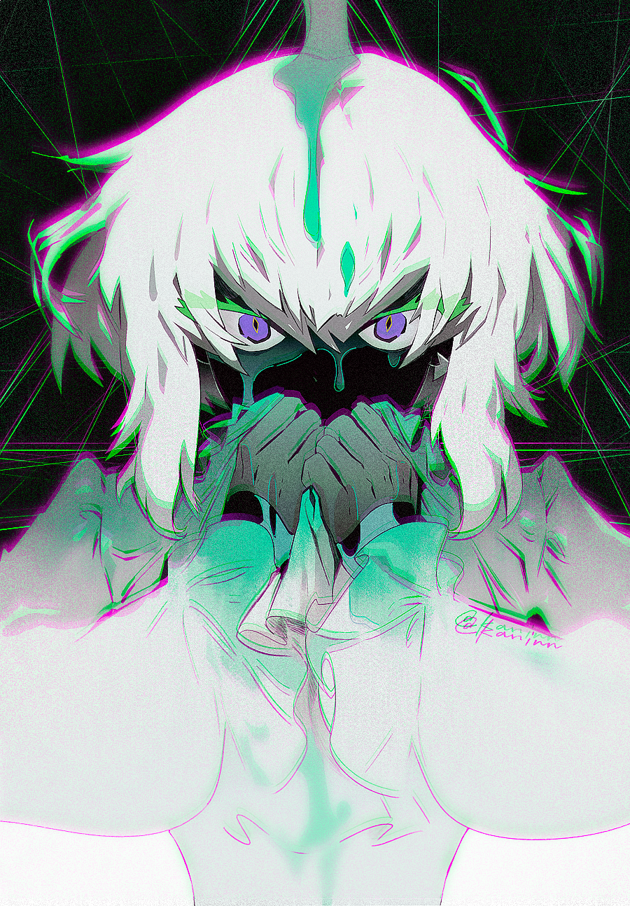 1boy arms_up ascot colored_eyelashes commentary_request covering_own_mouth frilled_shirt frilled_sleeves frills green_liquid hair_between_eyes highres kaninn limited_palette lio_fotia long_sleeves looking_at_viewer male_focus promare purple_eyes shirt short_hair solo upper_body
