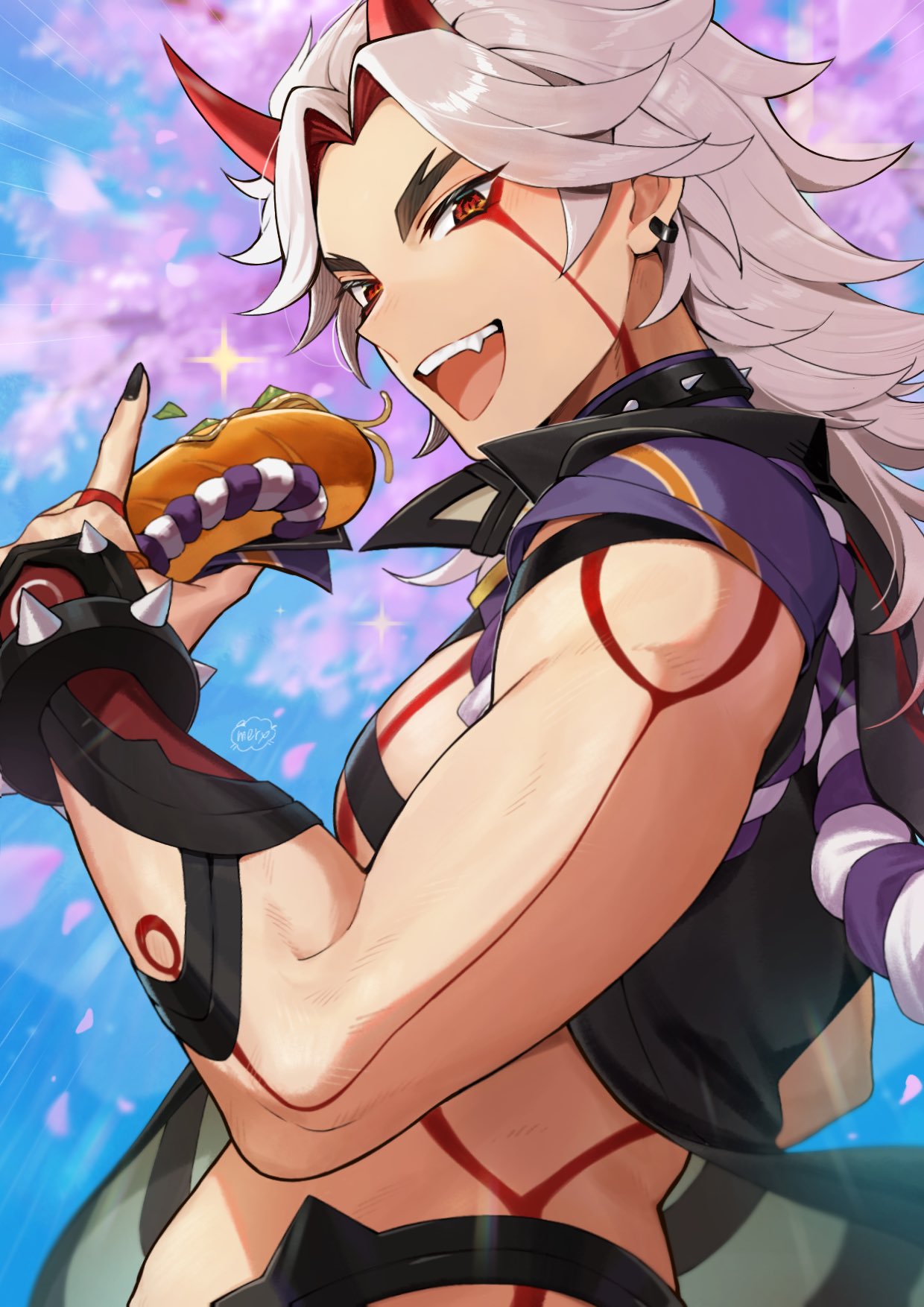 1boy :d arataki_itto black_nails blue_sky body_markings bracelet cherry_blossoms collar commentary_request earrings fang food genshin_impact grey_hair highres hitsujino_mery holding holding_food horns jewelry long_hair male_focus oni open_mouth pectorals red_eyes red_horns sky smile solo spiked_bracelet spiked_collar spikes toned toned_male