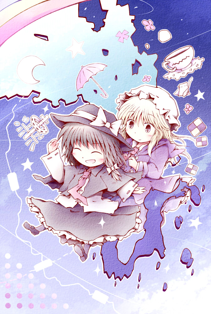 2girls blonde_hair bow brown_eyes brown_hair capelet chibi closed_eyes coffee cookie crescent_moon cup dress food gap_(touhou) hair_bow hat hat_bow hat_ribbon maribel_hearn mob_cap moon multiple_girls necktie open_mouth petals purple_dress ribbon romi satellite short_hair smile space teacup touhou umbrella usami_renko