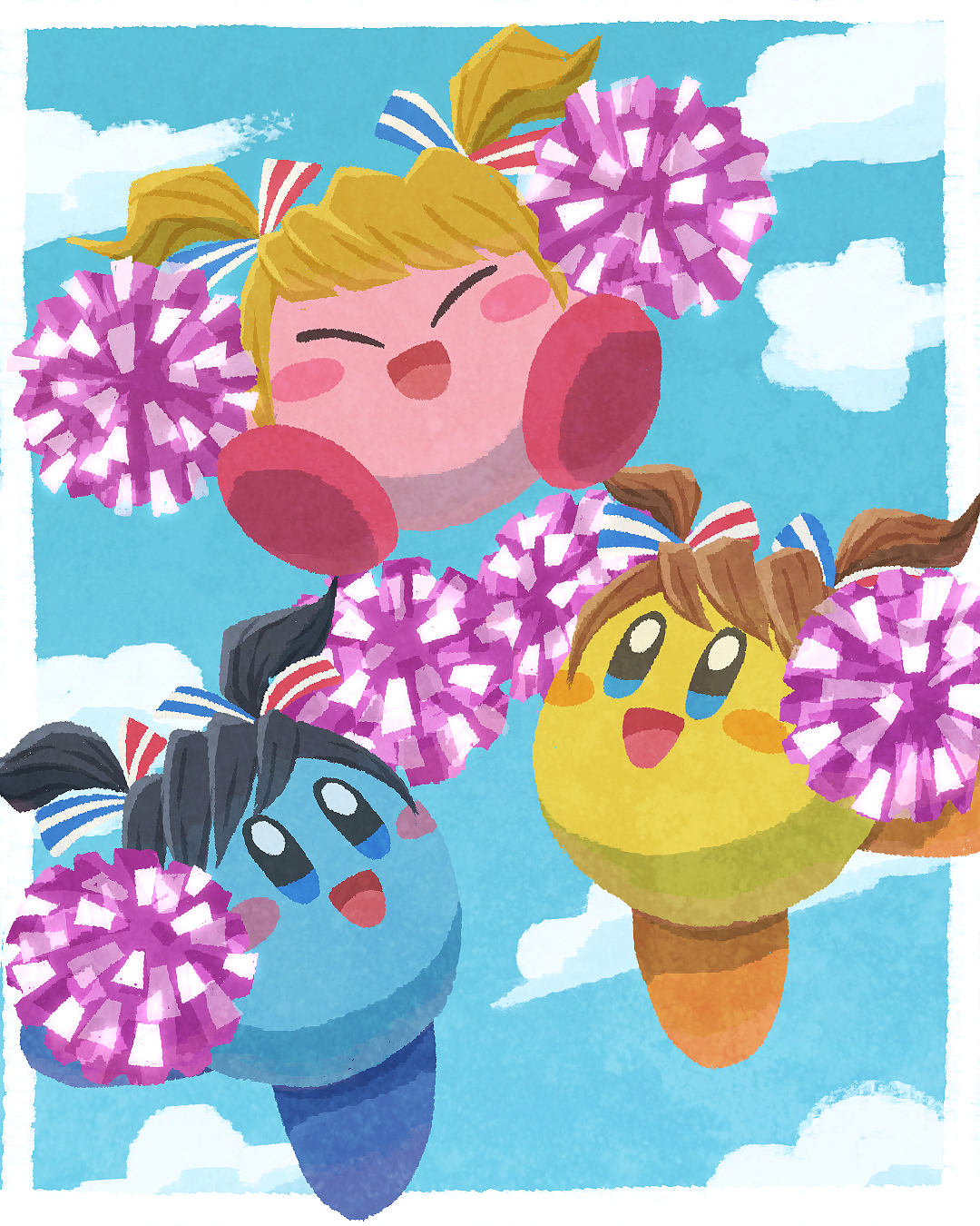 3others adapted_costume alternate_color alternate_costume black_hair blonde_hair blue_skin blue_sky blush_stickers brown_hair cheerleader cloud colored_skin dancing hair_ornament happy highres jumping kirby kirby_(series) kirby_fighters_2 miclot multiple_others multiple_persona nintendo no_humans official_alternate_costume open_mouth orange_shoes outside_border pink_skin pom_pom_(cheerleading) ribbon shoes sky staff_kirby swept_bangs twintails yellow_skin