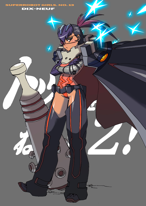00s 1girl bad_id bad_pixiv_id cape dix-neuf epic eyepatch female_focus leotard mazingkaizer mecha_musume multicolored_hair personification ponytail solo top_wo_nerae!_(series) top_wo_nerae_2!