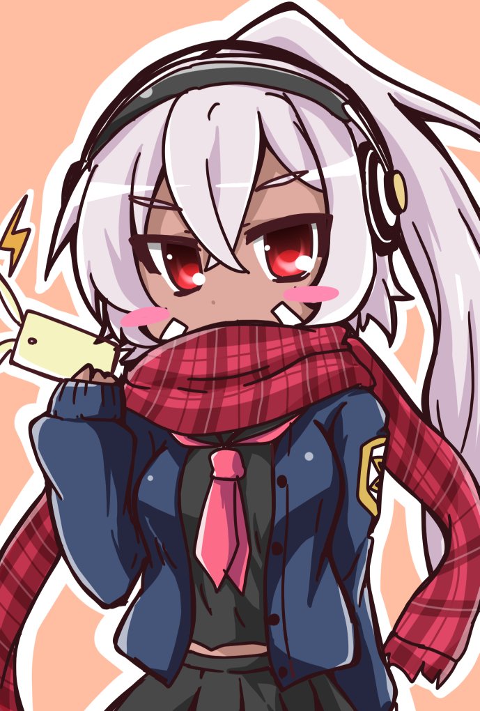 1girl azur_lane black_shirt black_skirt blush_stickers breasts cellphone commentary_request crossed_bangs dark-skinned_female dark_skin facepaint geo_(yukishitadou) hair_between_eyes headphones high_ponytail holding holding_phone long_hair long_sleeves looking_at_viewer medium_breasts minneapolis_(azur_lane) minneapolis_(wild_huntress_schoolgirl)_(azur_lane) official_alternate_costume orange_background outline phone plaid_clothes plaid_scarf pleated_skirt ponytail red_eyes red_scarf scarf school_uniform shirt simple_background skirt smartphone solo upper_body very_long_hair white_hair white_outline