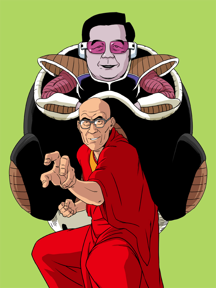 14th_dalai_lama 1st_form_frieza 2boys bad_id bad_pixiv_id bald black_hair cosplay dragon_ball dragonball_z frieza frieza_(cosplay) glasses hu_jintao male_focus motoichi multiple_boys politician real_life satire scouter smile