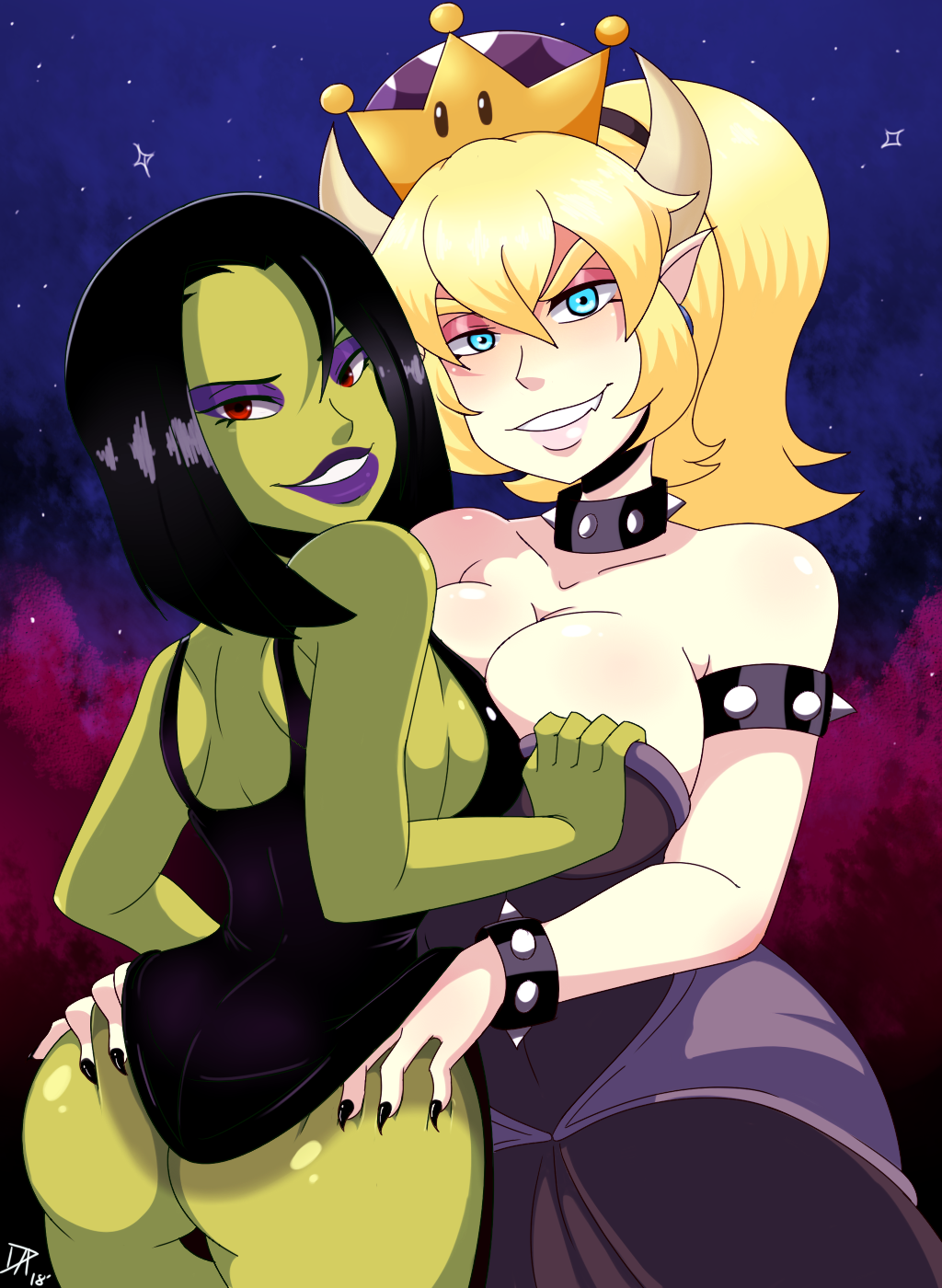 2girls armlet ass ass_grab back banjo-kazooie bare_arms bare_shoulders black_dress black_hair black_nails blonde_hair blue_eyes bowsette bracelet breasts brown_horns claws cleavage clothes_grab clothes_lift collar collarbone colored_skin couple crossover crown dalley-the-alpha dress dress_grab dress_lift earrings eyeshadow fang from_behind gradient_background green_skin gruntilda_winkybunion hair_between_eyes half-closed_eyes head_tilt highres horns interspecies jewelry large_breasts lips lipstick long_hair looking_at_viewer looking_back makeup mario_(series) medium_breasts monster_girl multiple_girls nail_polish naughty_face neck new_super_mario_bros._u_deluxe nintendo parted_lips pointy_ears ponytail purple_lips rareware red_eyes short_hair sideboob smile spiked_armlet spiked_bracelet spiked_collar spikes standing strapless strapless_dress super_crown super_mario_bros._1 teeth witch yuri