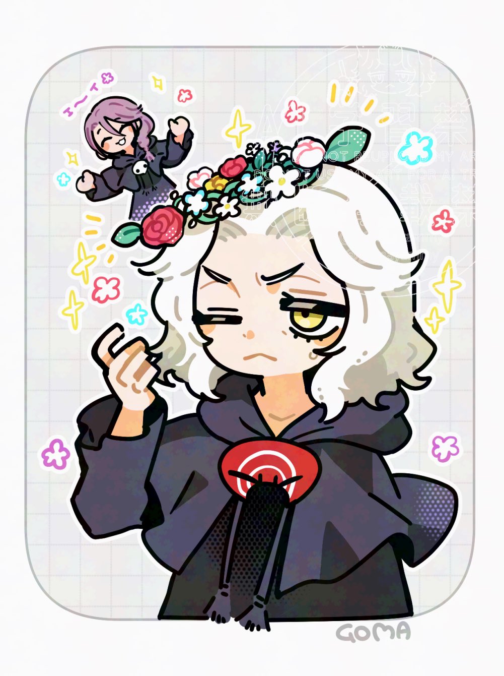 2boys artist_name black_robe border braid chibi chibi_only closed_eyes emet-selch final_fantasy final_fantasy_xiv frown furrowed_brow goma_yammy grey_background hair_between_eyes hair_over_shoulder highres hood hood_down hythlodaeus male_focus multiple_boys one_eye_closed purple_hair robe single_braid sophist&#039;s_robe_(ff14) upper_body white_border white_hair yellow_eyes