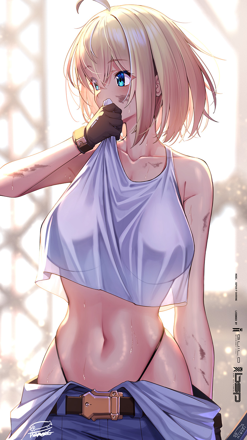 1girl ahoge belt blonde_hair blue_eyes brown_belt brown_gloves commentary_request gloves highres looking_to_the_side navel original shirt short_hair solo sophia_f_shirring sweat takamine_nadare white_shirt