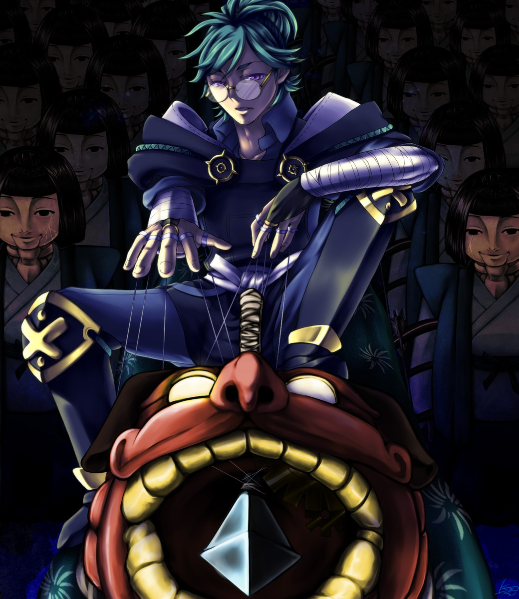 1boy blue_hair facial_hair fire_emblem fire_emblem_fates glasses highres male_focus nintendo open_mouth puppet purple_eyes sena_kariya sitting solo yukimura_(fire_emblem)