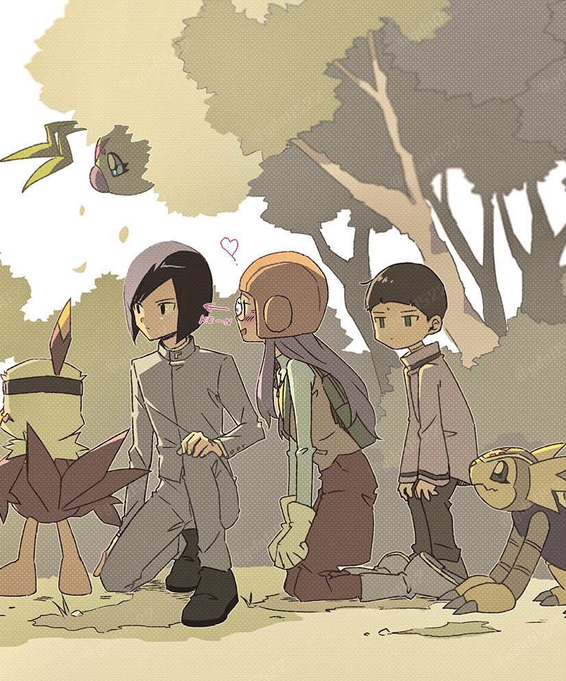1girl 2boys armadillo armadimon bird black_hair brown_feathers brown_hair bug digimon digimon_(creature) digimon_adventure_02 feathers gdn0522 glasses grey_jacket grey_pants group_picture halftone hawkmon helmet hida_iori hiding ichijouji_ken jacket kneeling long_hair multiple_boys on_one_knee orange_helmet pants purple_hair round_eyewear short_hair talons wormmon