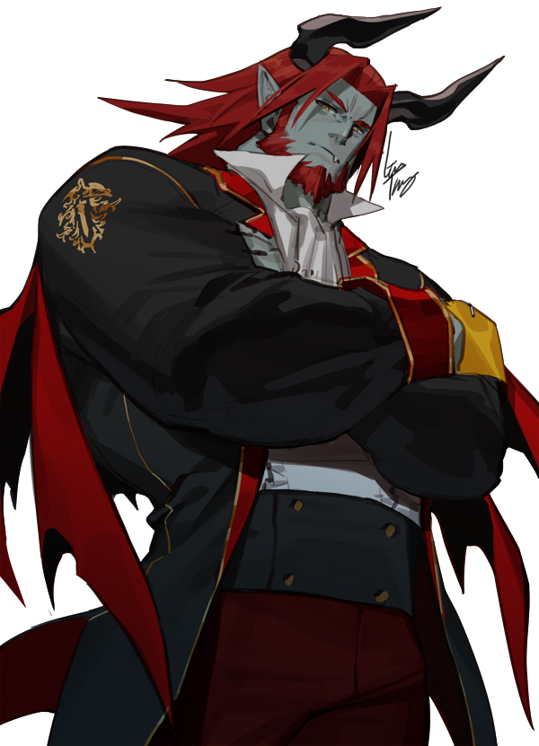 1boy artist_name bara beard belt blue_skin cape coat collar colored_skin crossed_arms demon demon_boy demon_horns facial_hair fang gomtang horns long_hair looking_at_viewer male_focus manly mature_male muscular muscular_male original pants pointy_ears red_hair signature solo yellow_eyes