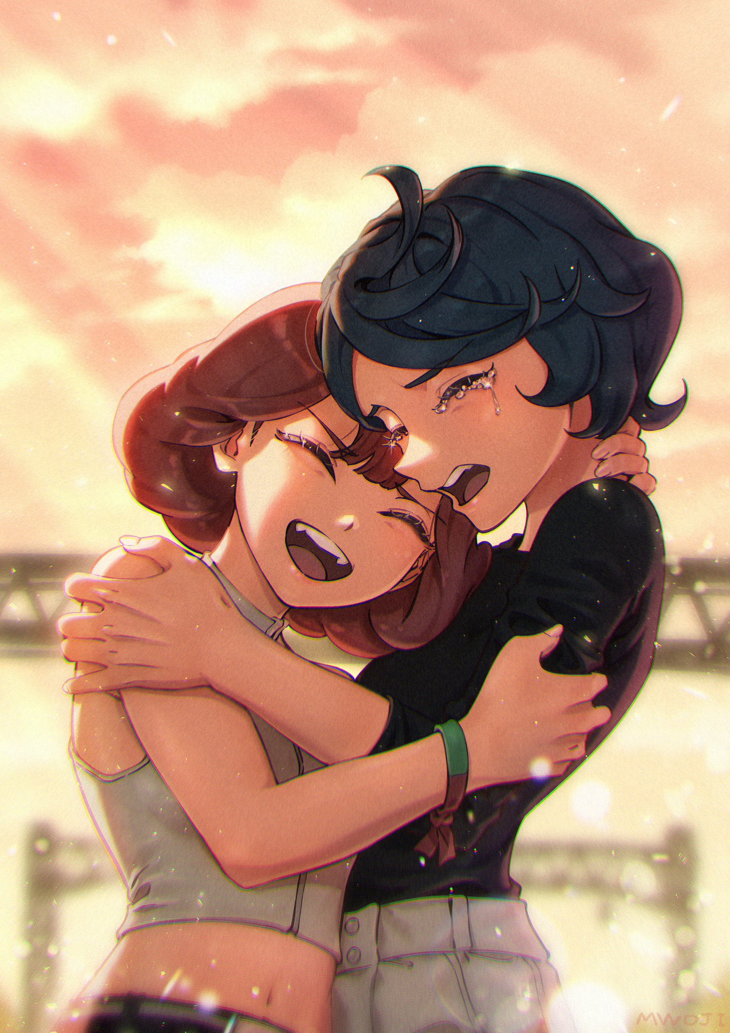 2girls bare_shoulders belt black_hair black_shirt crying fangs gundam gundam_suisei_no_majo highres hug medium_hair midriff multiple_girls mwoji navel norea_du_noc open_mouth orange_hair shirt sophie_pulone tears two-tone_wristband white_shirt wristband