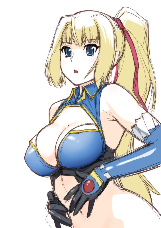 10s 1girl blonde_hair blue_eyes breasts cleavage elbow_gloves female_focus gloves hands_on_own_stomach large_breasts limalisha long_hair madan_no_ou_to_vanadis navel out-of-frame_censoring ponytail solo ueyama_michirou
