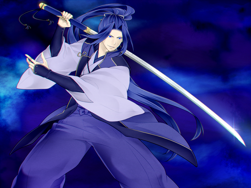 1boy bishounen blue_eyes blue_hair fate/stay_night fate_(series) japanese_clothes katana male_focus matching_hair/eyes ryu_na_(urania) ryuna sasaki_kojirou_(fate) solo sword weapon