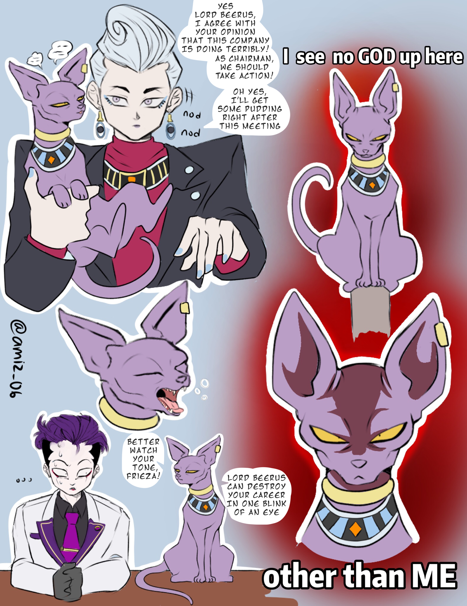 2boys amiz06 animal animalization beerus blue_hair cat colored_skin cover dragon_ball dragon_ball_super dragonball_z english_text formal_clothes frieza highres holding holding_animal looking_at_viewer multiple_boys person_and_animalization purple_skin speech_bubble whis