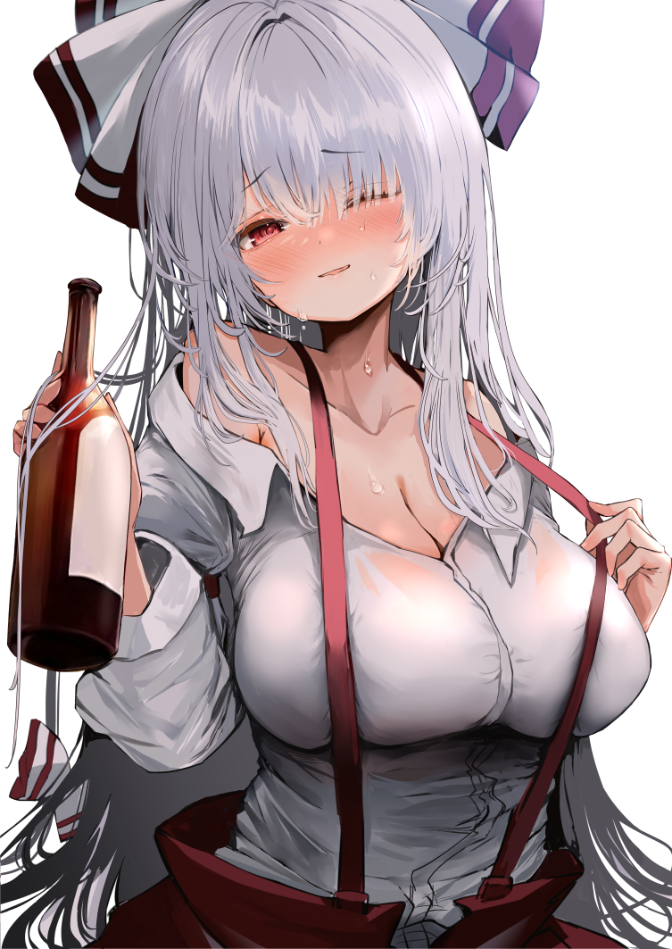 1girl alternate_breast_size blush bottle bow breasts cleavage collarbone drunk fujiwara_no_mokou grey_hair hair_bow holding holding_bottle hot large_breasts long_hair long_sleeves looking_at_viewer mikan_(manmarumikan) off_shoulder one_eye_closed pants partially_unbuttoned red_pants shirt simple_background solo suspenders suspenders_pull sweat touhou upper_body very_long_hair very_sweaty wet wet_clothes wet_shirt white_background white_shirt