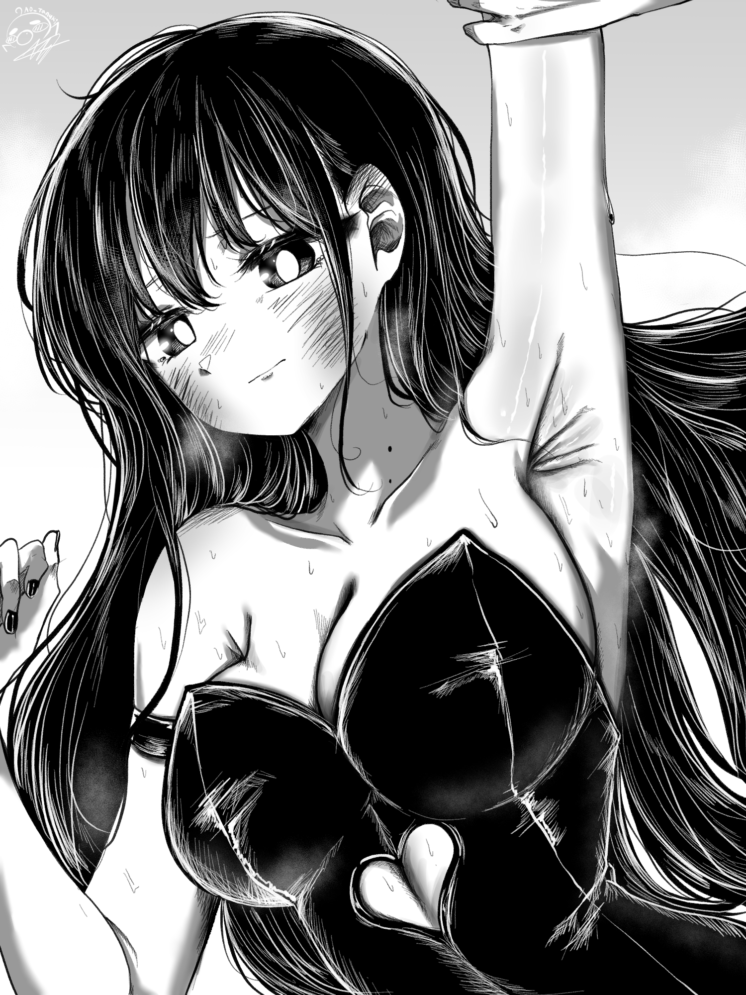 1girl 1other ao_tanuki arm_up armpit_crease armpits bare_shoulders blush boku_no_kokoro_no_yabai_yatsu breasts cleavage closed_mouth clothing_cutout collarbone dated dated_commentary grabbing_another&#039;s_arm greyscale heart_cutout highres large_breasts leotard long_hair looking_to_the_side mole mole_on_neck monochrome multiple_moles signature solo_focus strapless strapless_leotard sweat twitter_username upper_body yamada_anna