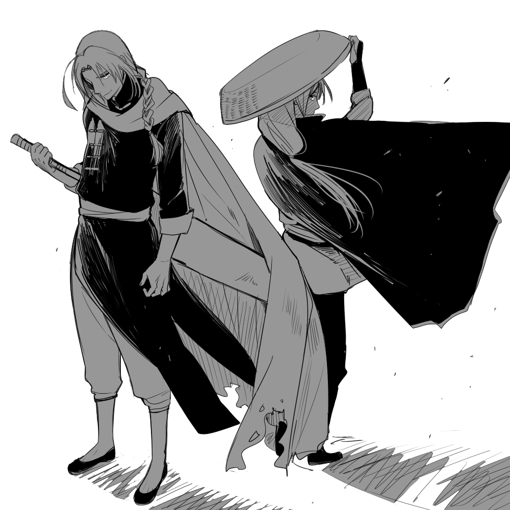 1boy 1girl ahoge bad_id bad_pixiv_id black_footwear braid cape chinese_clothes closed_umbrella flats full_body gintama greyscale hand_on_headwear holding holding_umbrella kamui_(gintama) long_hair looking_at_viewer looking_to_the_side md5_mismatch monochrome mutsu_(gintama) oil-paper_umbrella sandogasa satomi_(n-s_freedom) shoes simple_background single_braid smile smirk torn_clothes umbrella white_background