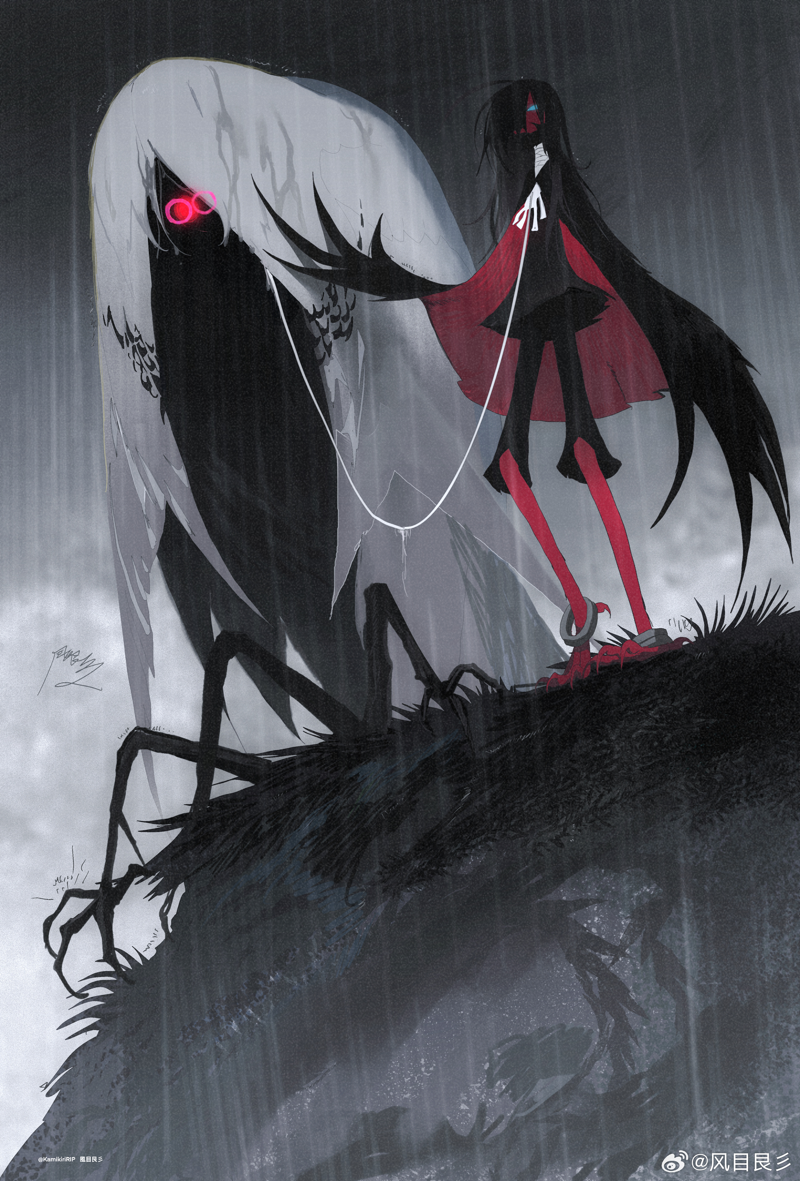 1other absurdres bird_legs black_hair blue_eyes cliff glowing glowing_eyes grass grey_sky highres kamikiririp long_hair monster original outdoors rain red_eyes sky solo white_hair white_string
