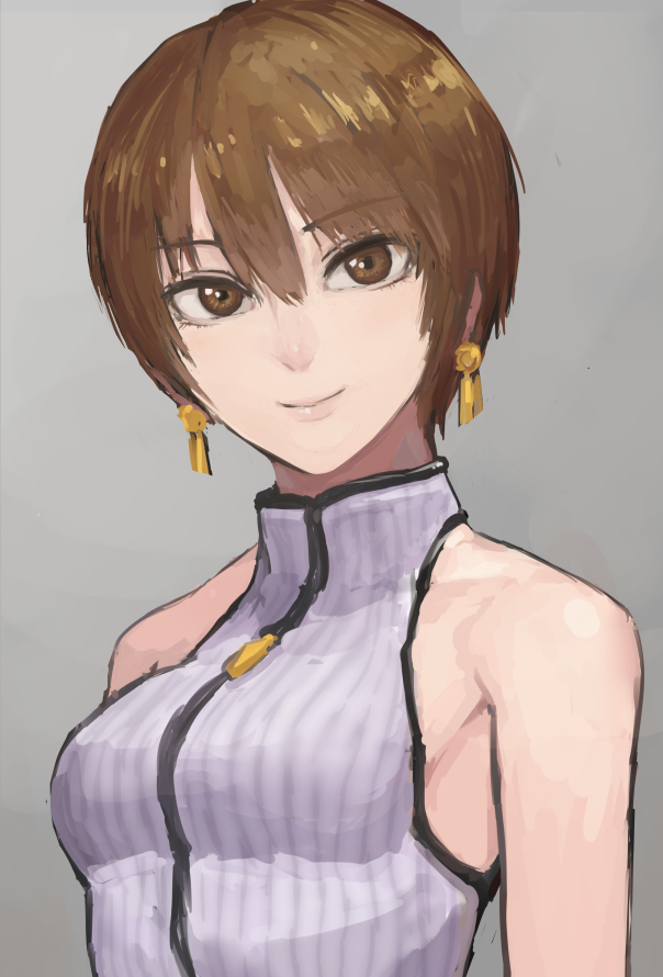 bad_id bad_pixiv_id bare_shoulders borrowed_character brown_eyes brown_hair earrings fushoku jewelry light_smile ribbed_sweater short_hair simple_background sleeveless sleeveless_turtleneck solo sweater turtleneck zipper_pull_tab