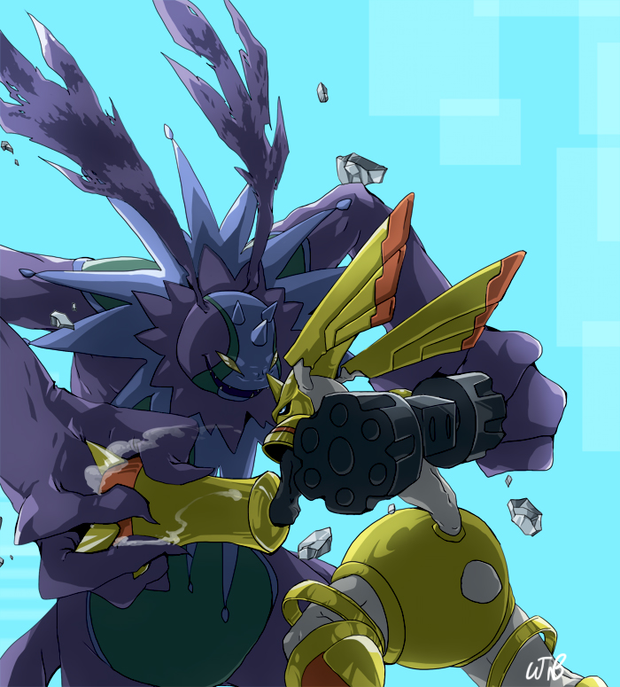 2021 2boys angry animal_ears artist_request brothers cherubimon cherubimon_(vice) clenched_hands corruption creepy dark_persona dated digimon digimon_(creature) digimon_adventure_02 digimon_adventure_02:_digimon_hurricane_jouriku!!_chouzetsu_shinka!!_ougon_no_digimental evil_grin evil_smile fighting glowing grin looking_at_another monster monster_boy multiple_boys rapidmon_(armor) reaching reaching_towards_viewer sharp_teeth siblings size_difference smile smirk teeth