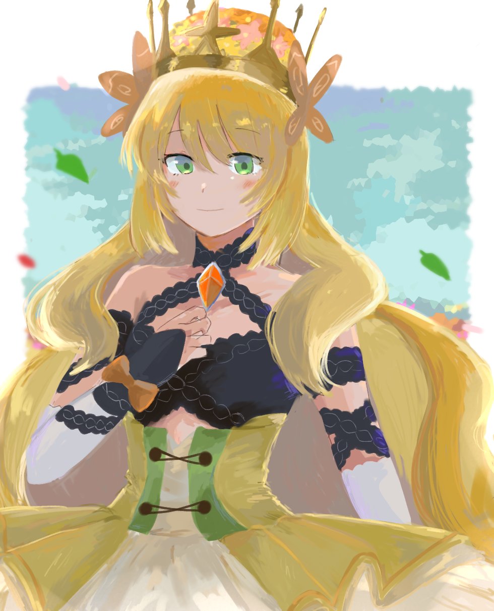 1girl blonde_hair bow butterfly_hair_ornament celine_(fire_emblem) crown detached_sleeves dress falling_leaves fire_emblem fire_emblem_engage flower green_eyes hair_between_eyes hair_flower hair_ornament hand_on_own_chest highres ichgomi leaf long_hair looking_at_viewer nintendo orange_bow smile solo very_long_hair wrist_bow yellow_dress