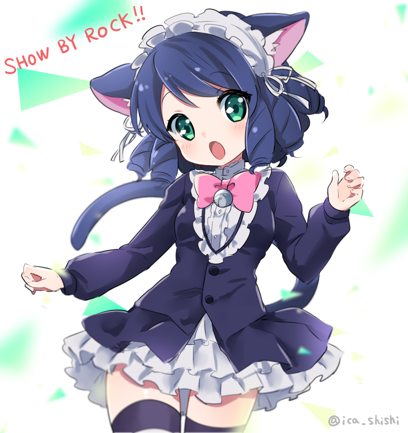 10s 1girl animal_ears aqua_eyes bell blue_hair blush bow bowtie breasts buttons cat_ears cat_tail copyright_name cowboy_shot cyan_(show_by_rock!!) eyebrows fang female_focus frills ica long_sleeves looking_at_viewer maid_headdress open_mouth pink_bow pink_bowtie ringlets show_by_rock!! small_breasts solo standing tail thighhighs twitter_username white_background zettai_ryouiki