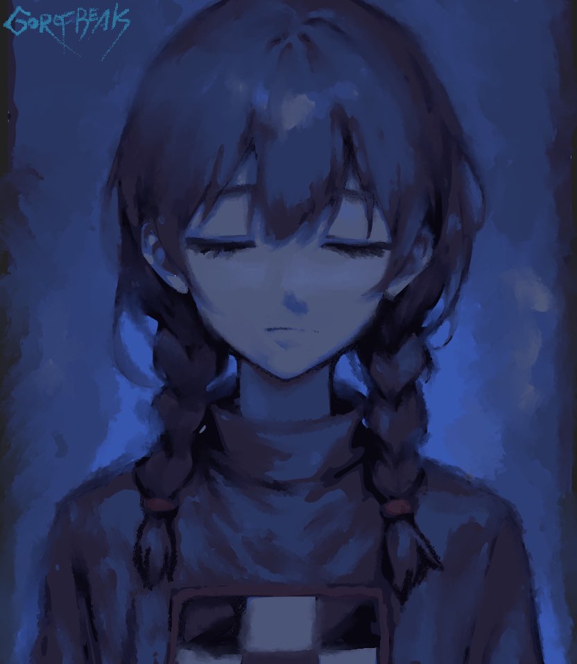 1girl blue_background braid brown_hair closed_eyes commentary english_commentary frown madotsuki portrait signature solo spicyfuse sweater turtleneck turtleneck_sweater twin_braids yume_nikki