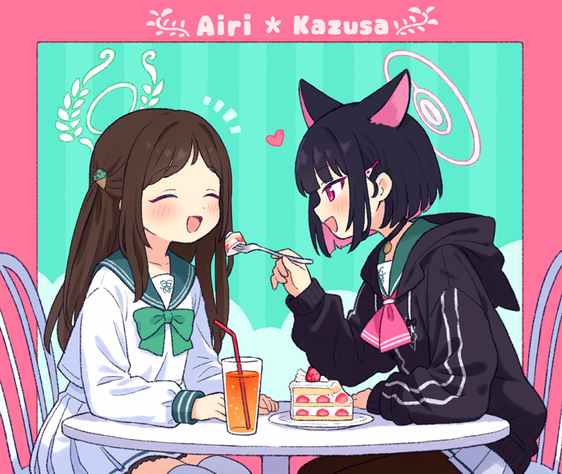 2girls airi_(blue_archive) animal_ears black_hair black_jacket blue_archive bow bowtie brown_hair brown_pantyhose cake cake_slice cat_ears chair closed_eyes colored_inner_hair commentary_request cup drinking_glass drinking_straw feeding food food-themed_hair_ornament fork green_bow green_bowtie green_neckerchief hair_ornament hairclip halo holding holding_fork hood hood_down hooded_jacket ice_cream_hair_ornament jacket kazusa_(blue_archive) long_hair long_sleeves looking_at_another multicolored_hair multiple_girls neckerchief notice_lines on_chair onyhakase open_mouth pantyhose pink_eyes pink_hair pink_halo pleated_skirt school_uniform serafuku shirt short_hair sitting skirt smile strawberry_cake table thighhighs two-tone_hair white_halo white_serafuku white_shirt white_skirt white_thighhighs
