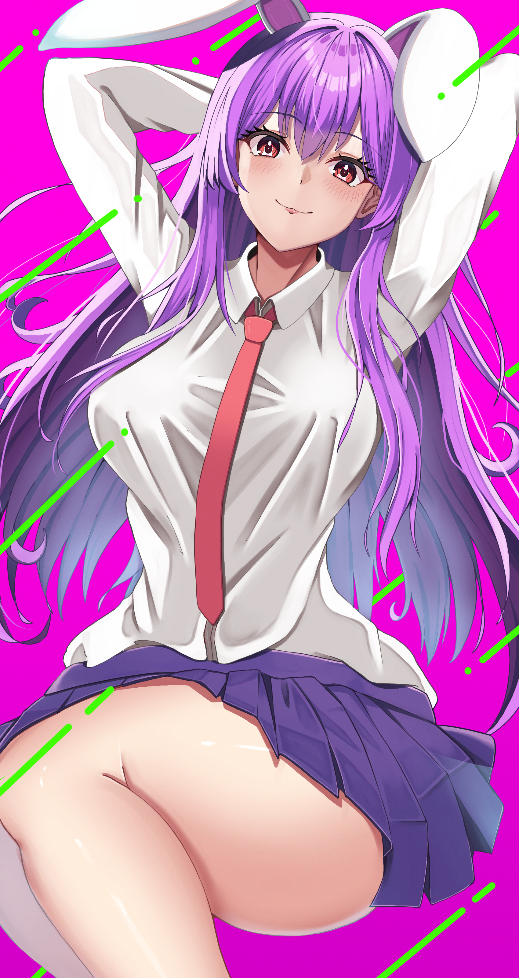 1girl absurdres animal_ears arms_up blazer breasts highres hossy jacket large_breasts light_purple_hair long_hair long_sleeves looking_at_viewer necktie purple_hair purple_skirt rabbit_ears rabbit_girl red_eyes red_necktie reisen_udongein_inaba shirt simple_background sitting skirt smile solo thighs touhou