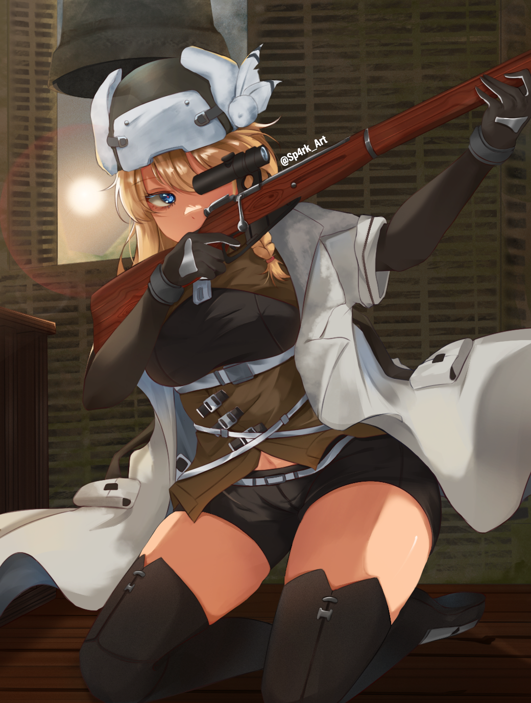 1girl ammunition_pouch black_shorts blonde_hair blue_eyes bolt_action fur_hat girls&#039;_frontline girls&#039;_frontline_2:_exilium gun hat highres holding holding_gun holding_weapon indoors interior kneeling looking_through_scope mosin-nagant mosin-nagant_(girls&#039;_frontline) mosin-nagant_(girls&#039;_frontline_2) pouch rifle scope shorts solo sp4rk ushanka weapon