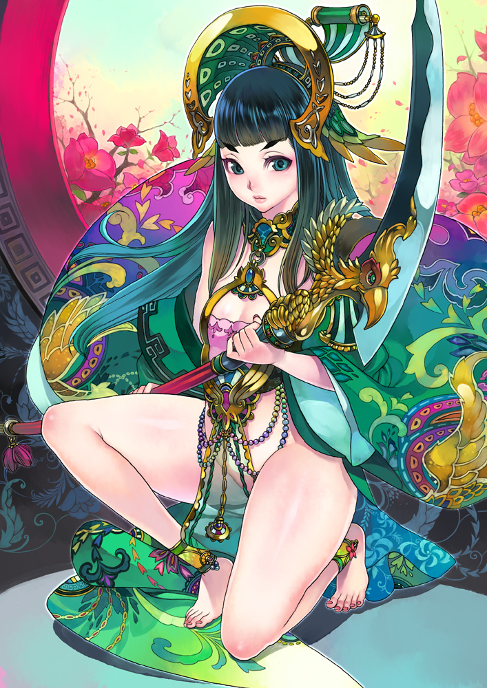 1girl bad_id bad_pixiv_id bare_legs barefoot black_hair blunt_bangs blush character_request closed_mouth commentary_request expressionless f.s. female_focus flat_chest flower gradient_hair green_eyes green_hair headdress hime_cut holding holding_weapon japanese_clothes kimono kneeling lips long_hair looking_at_viewer multicolored_hair no_panties off_shoulder on_one_knee pelvic_curtain sangokushi_taisen scythe see-through_clothes shiny_skin solo thighs weapon wide_sleeves